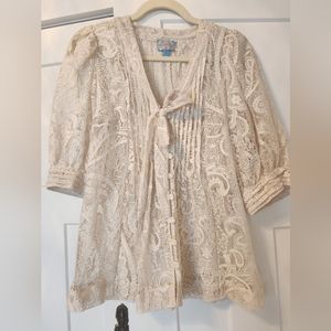 Plenty by Tracy Reese Cream Lace Button Blouse M Neck Tie Victorian Coquette